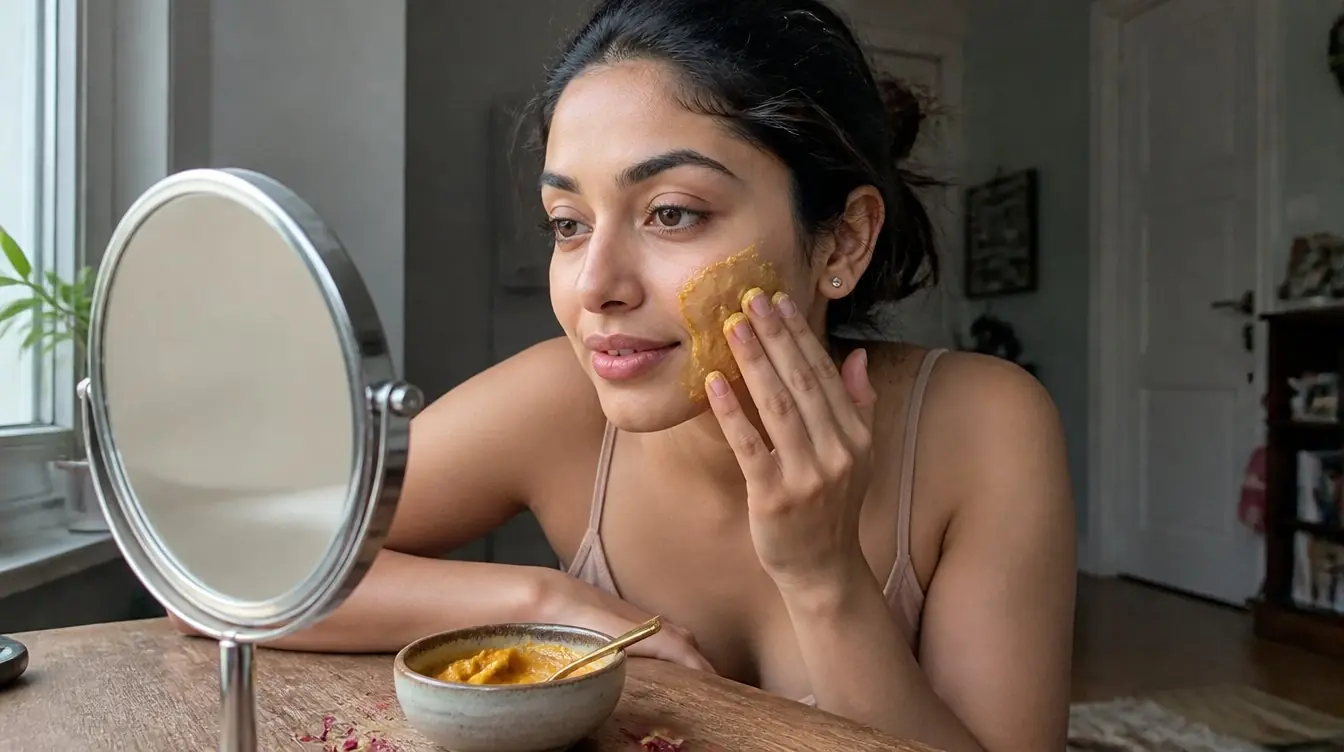 Kaira illustrating ancient beauty secrets in a candid home photograph