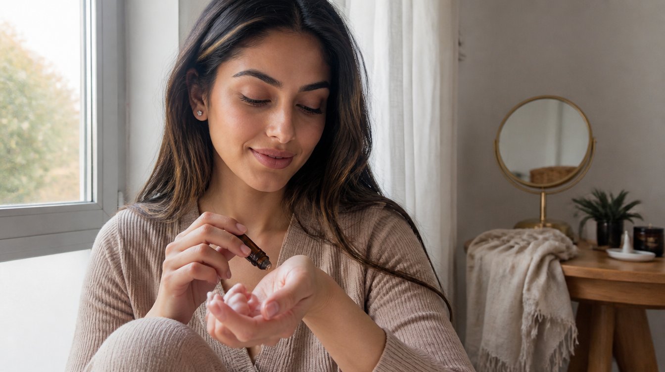 Kaira illustrating aromatherapy in a candid home photograph