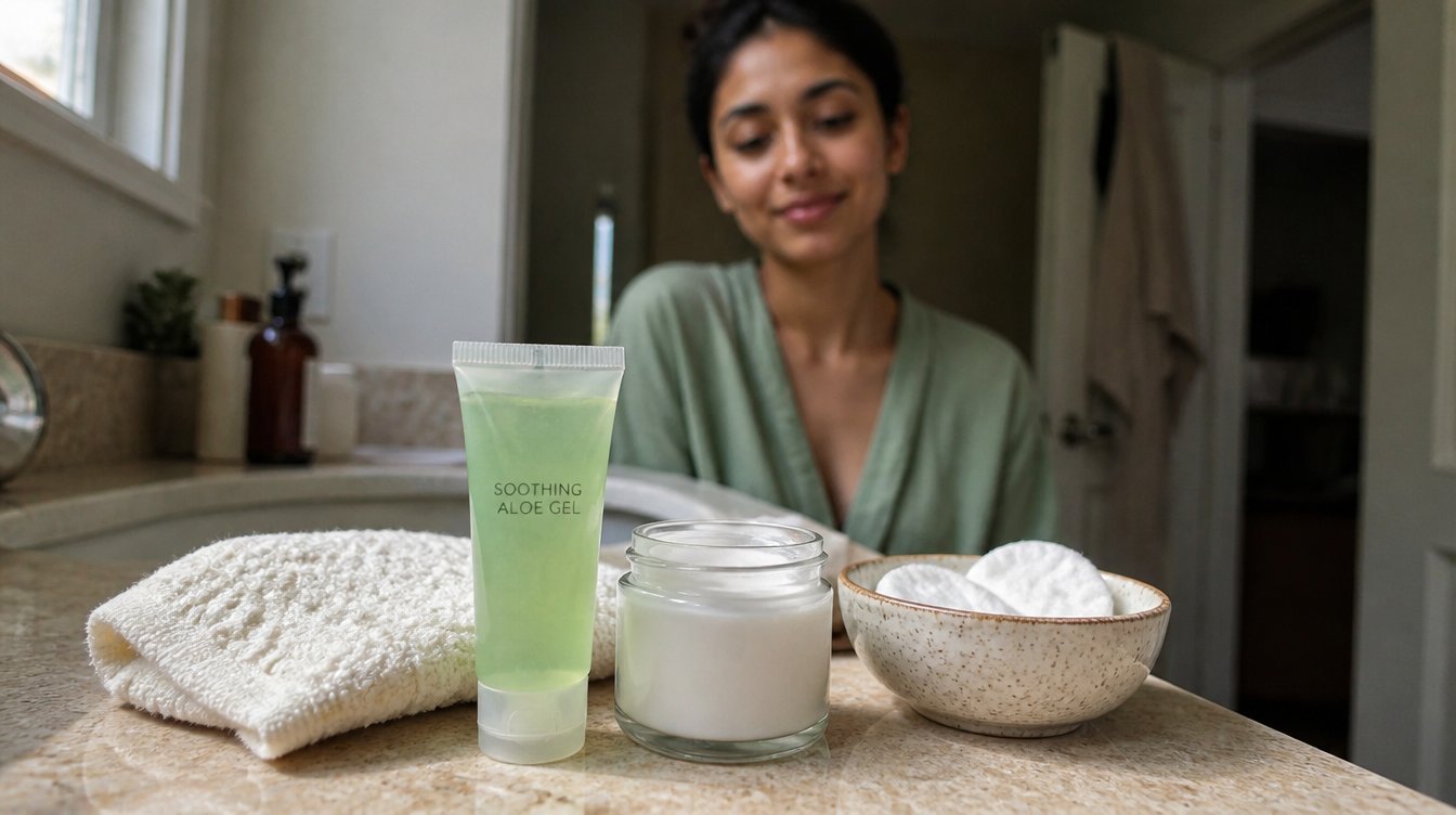 Kaira illustrating Bikini wax aftercare in a candid home photograph