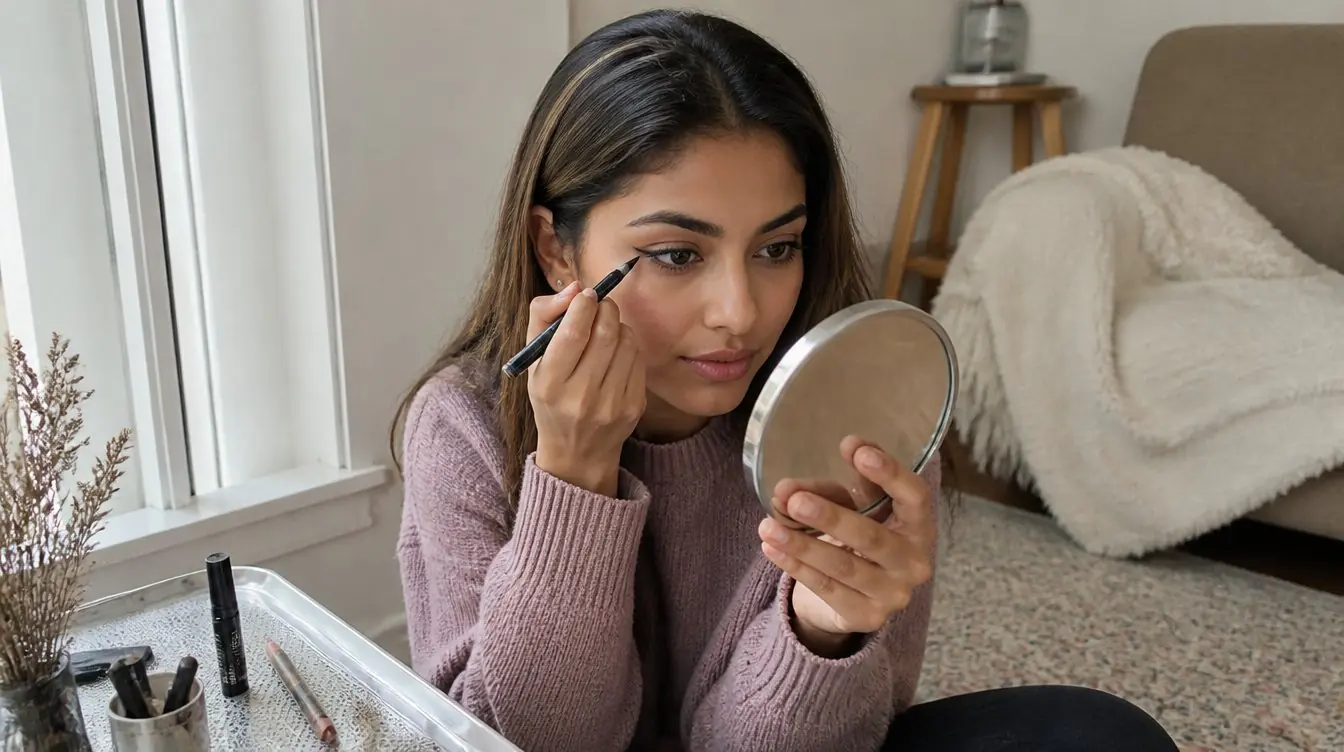 Kaira illustrating black eyeliner in a candid home photograph