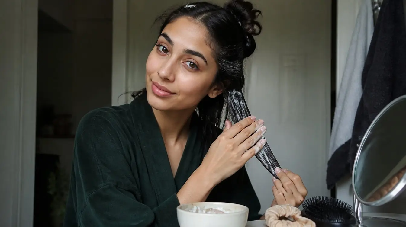 Kaira illustrating bond building hair treatment at home in a candid home photograph