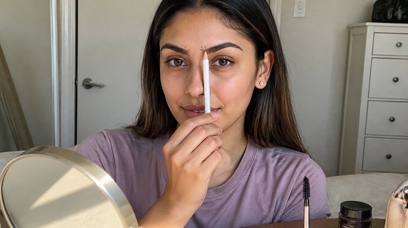 Kaira demonstrating the three-point brow mapping method for symmetry at a sunlit home vanity