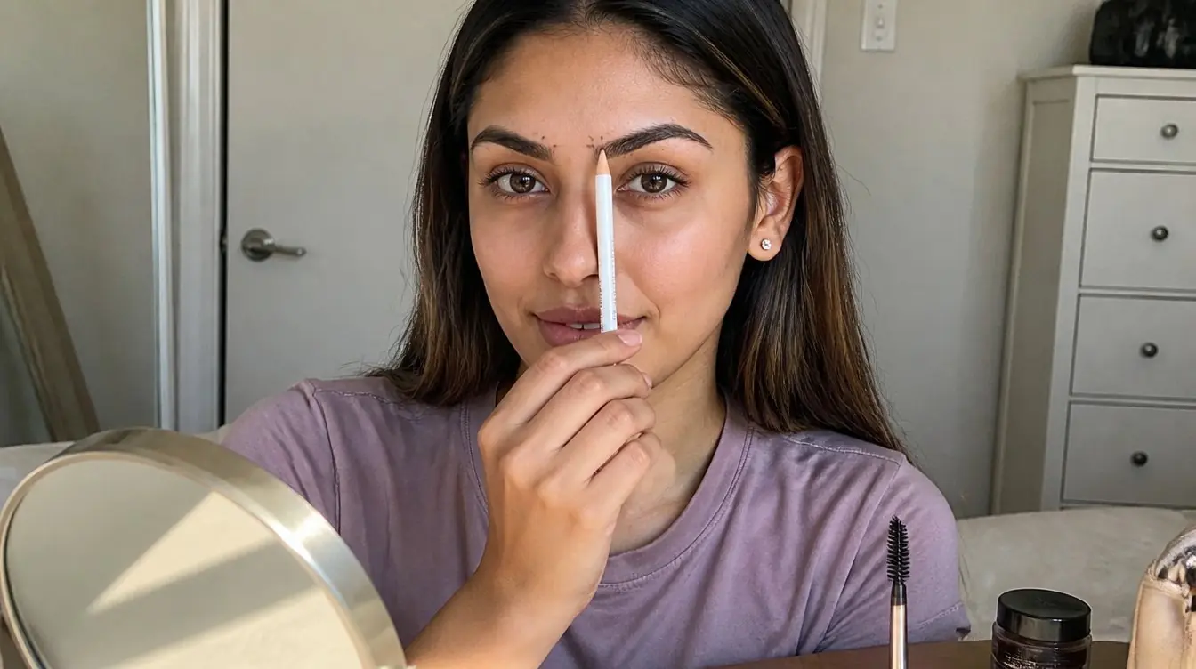 Kaira demonstrating the three-point brow mapping method for symmetry at a sunlit home vanity