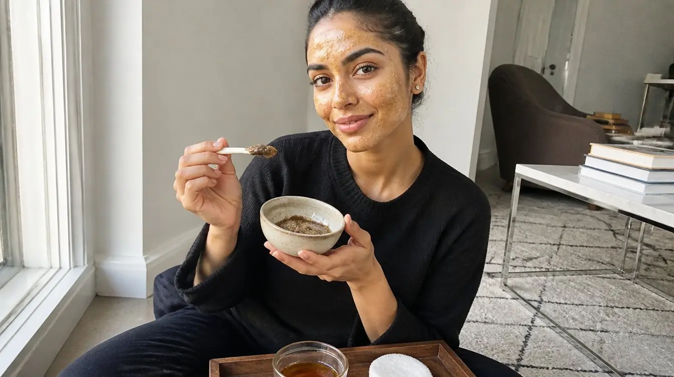 Kaira illustrating brown sugar face pack in a candid home photograph