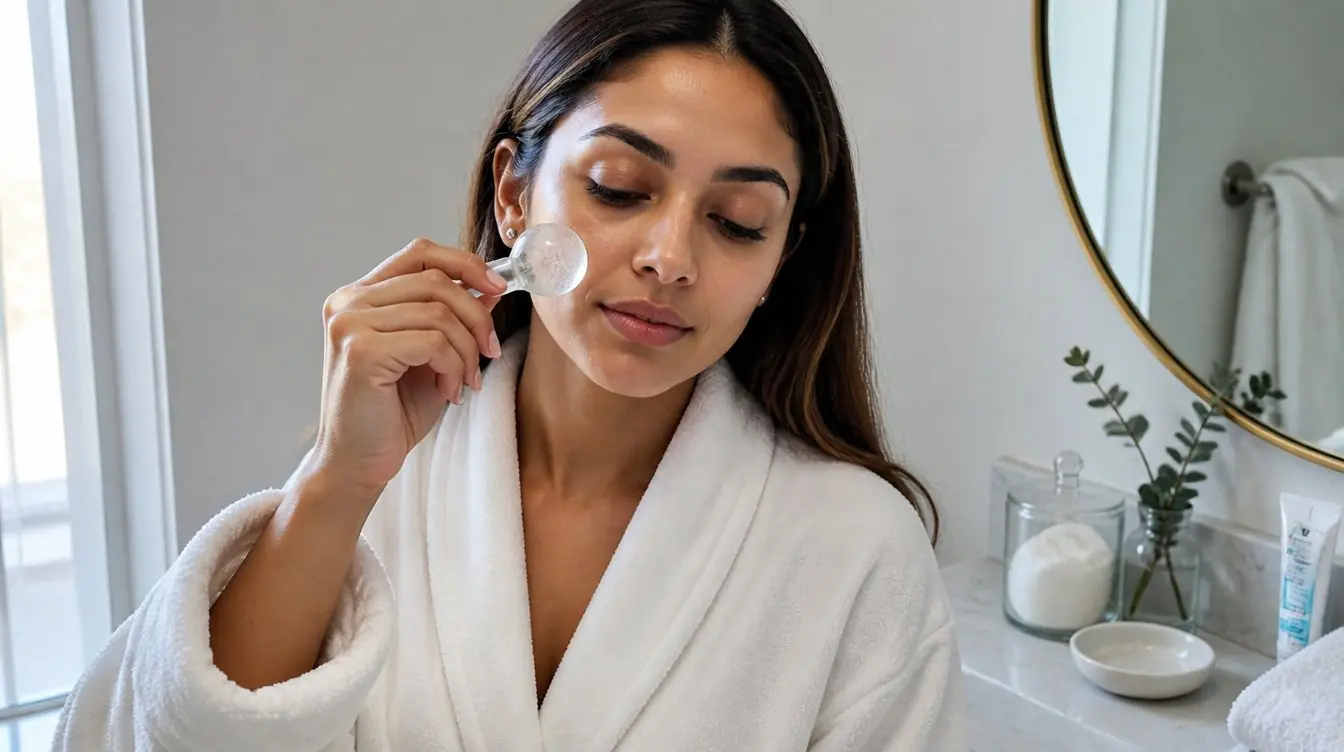 Kaira applying a cold facial globe at a home bathroom counter, illustrating cryotherapy for skin