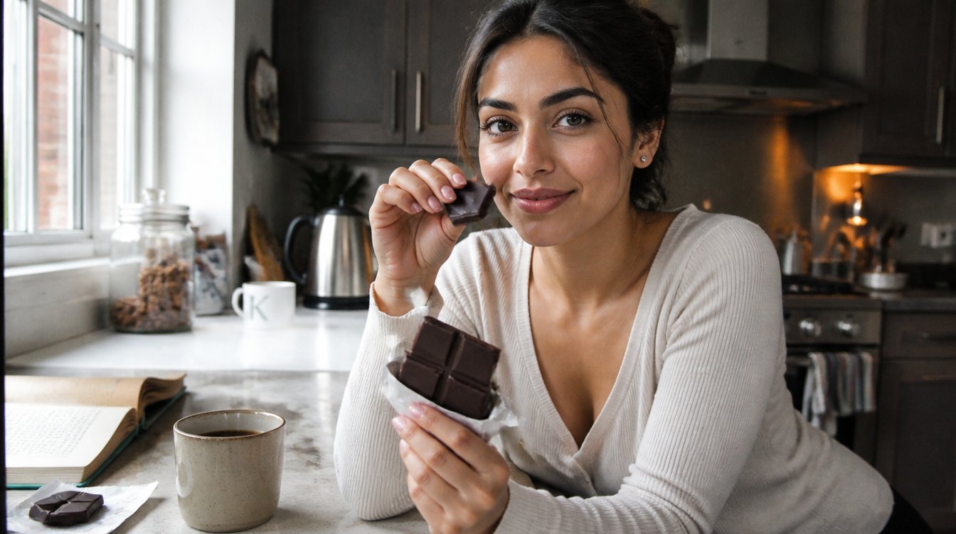 Kaira breaking a square of 70 percent dark chocolate at a sunlit kitchen counter, illustrating the health benefits of dark chocolate