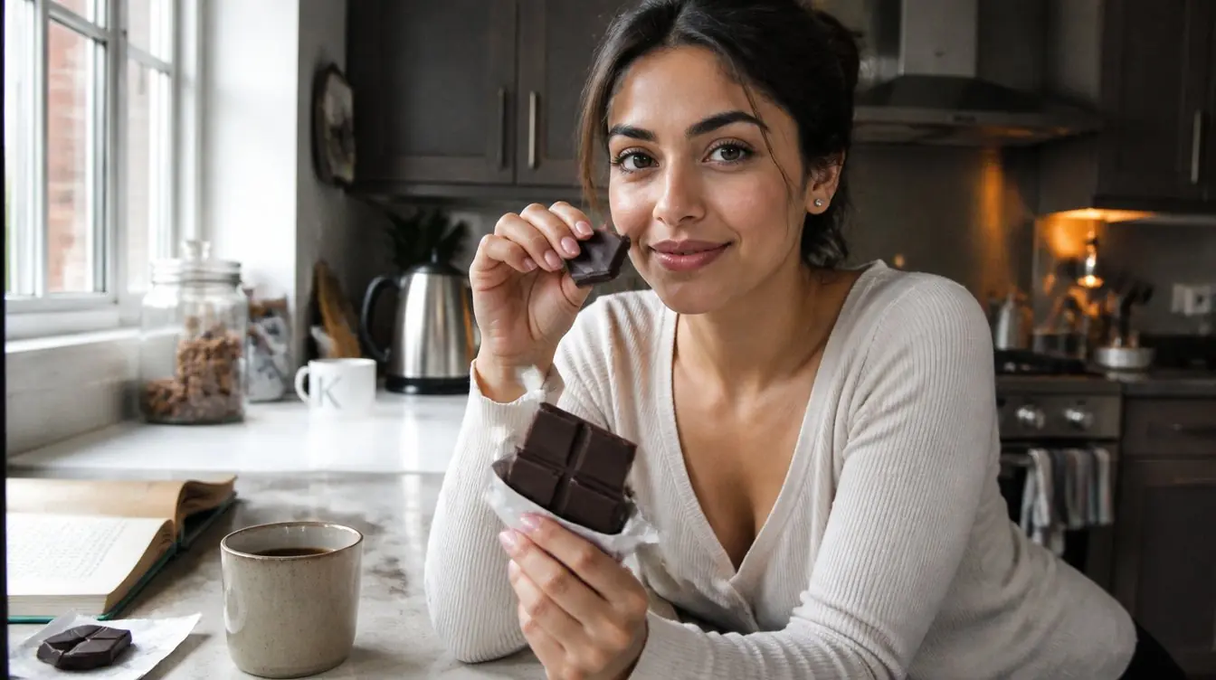 Kaira breaking a square of 70 percent dark chocolate at a sunlit kitchen counter, illustrating the health benefits of dark chocolate