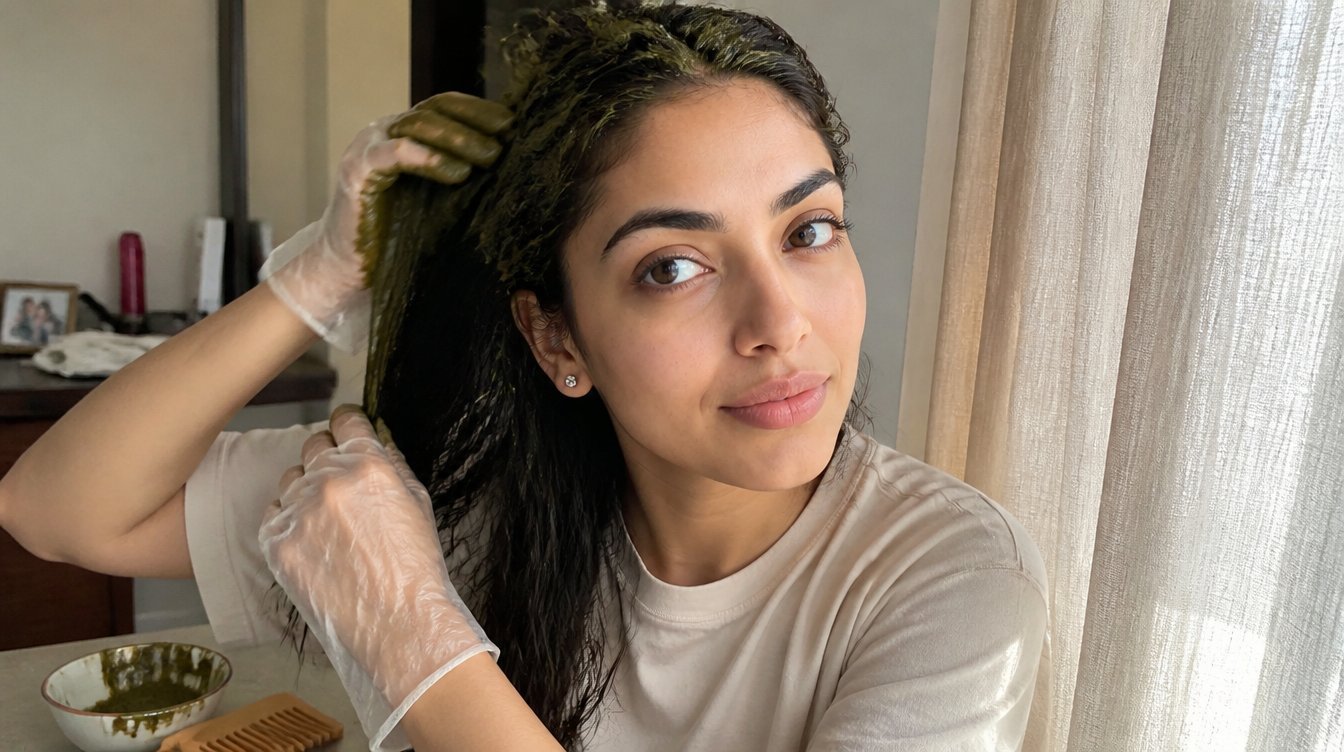 Kaira illustrating dye hair with henna at home in a candid home photograph
