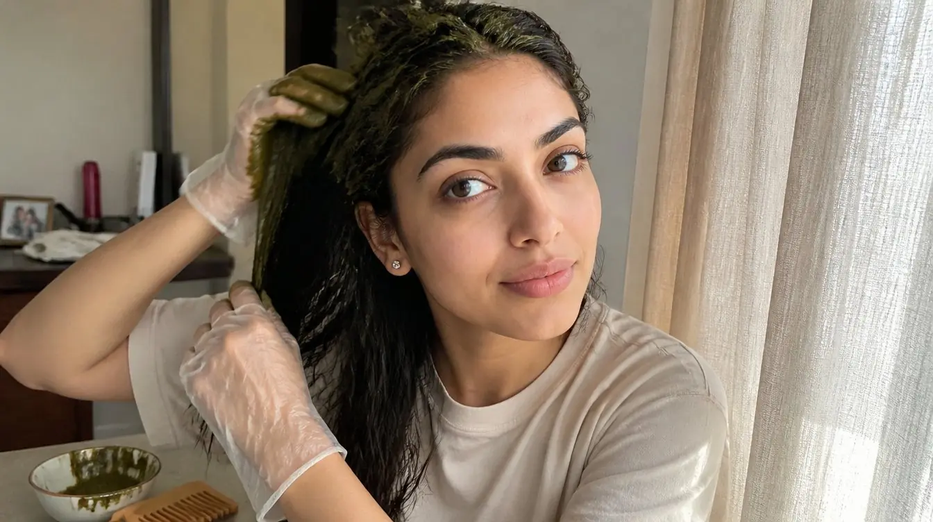 Kaira illustrating dye hair with henna at home in a candid home photograph
