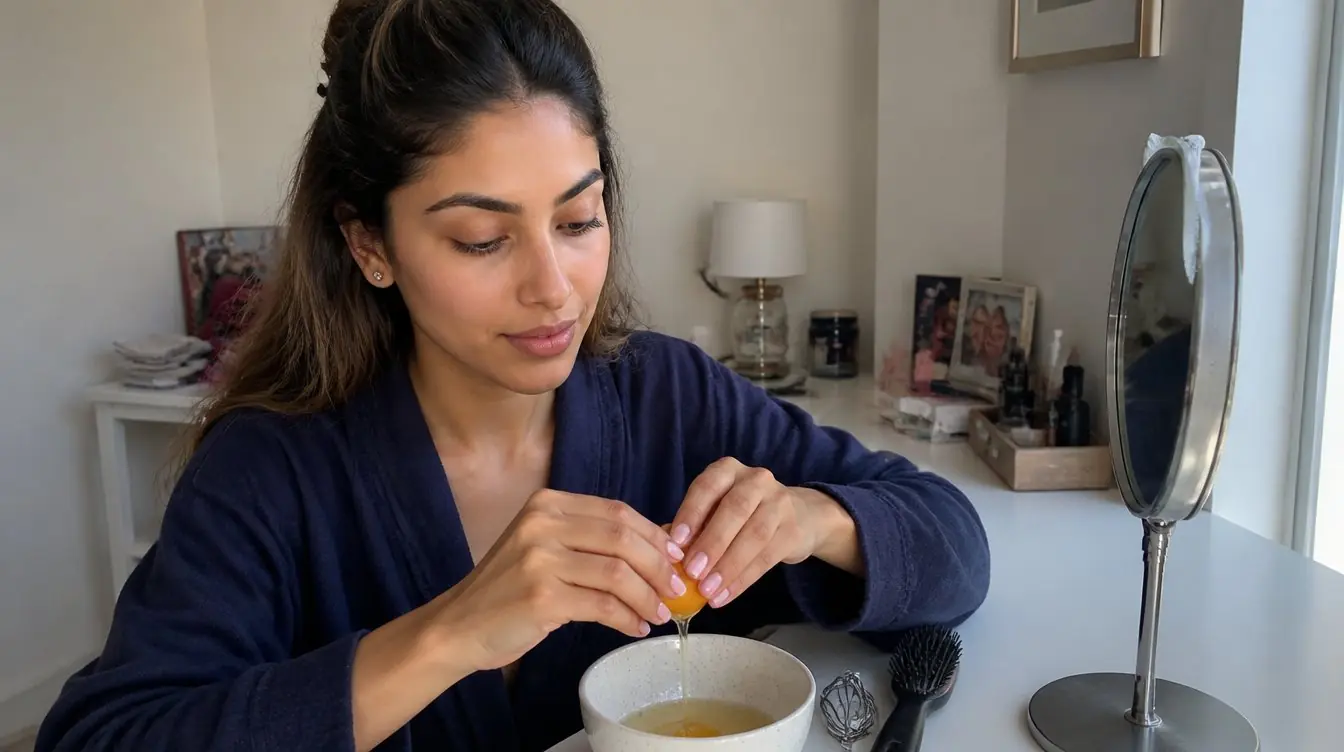 Kaira illustrating eggs for skin and hair in a candid home photograph