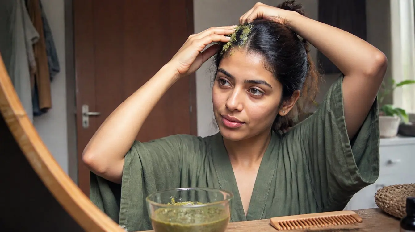 Kaira illustrating eliminate dandruff naturally with ayurvedic in a candid home photograph