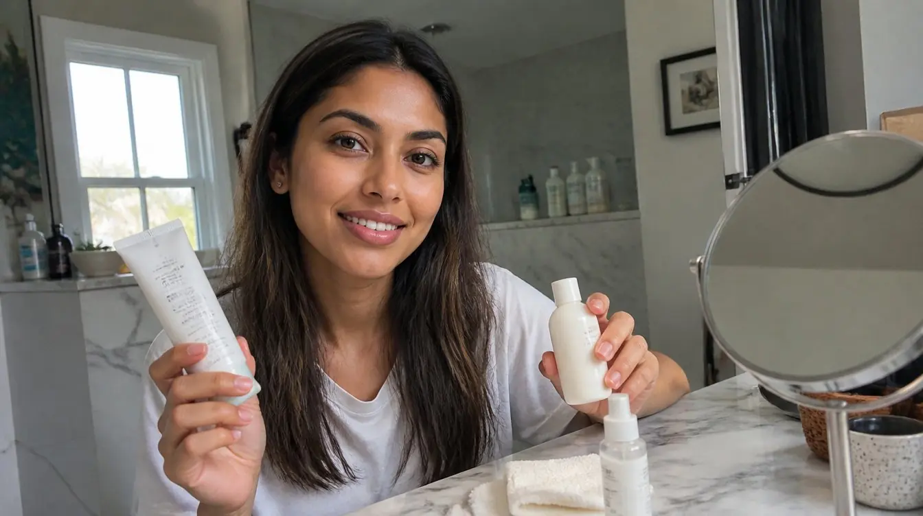 Kaira illustrating expired skincare products in a candid home photograph