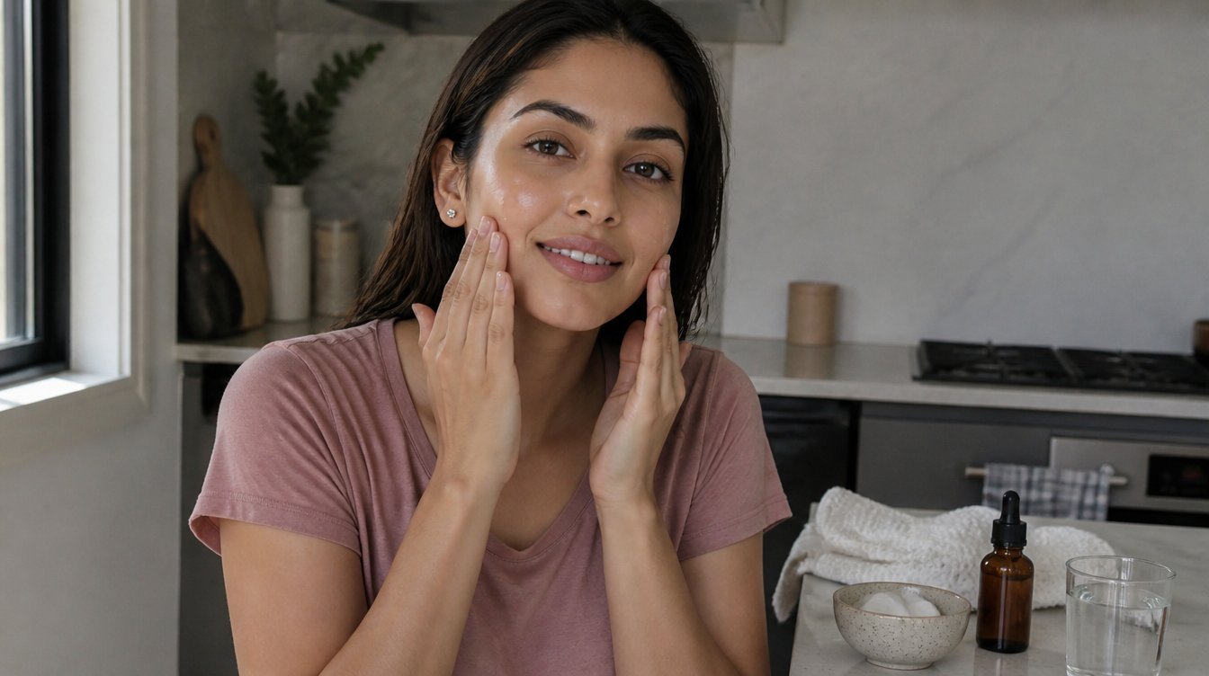 Kaira illustrating Face Care Routine for Radiant Skin in a candid home photograph