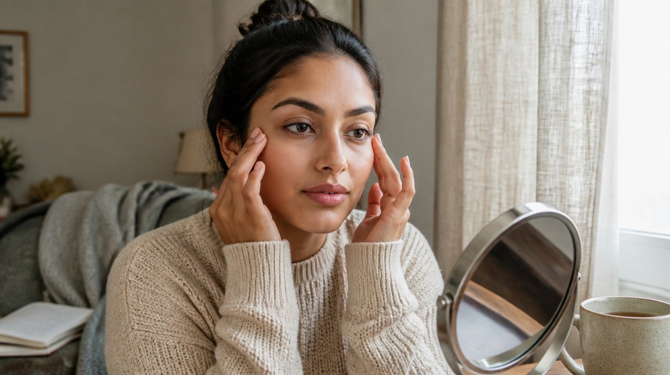 Kaira practicing facial gymnastics with fingertips on her cheekbone by a sunny window, in a cream knit sweater