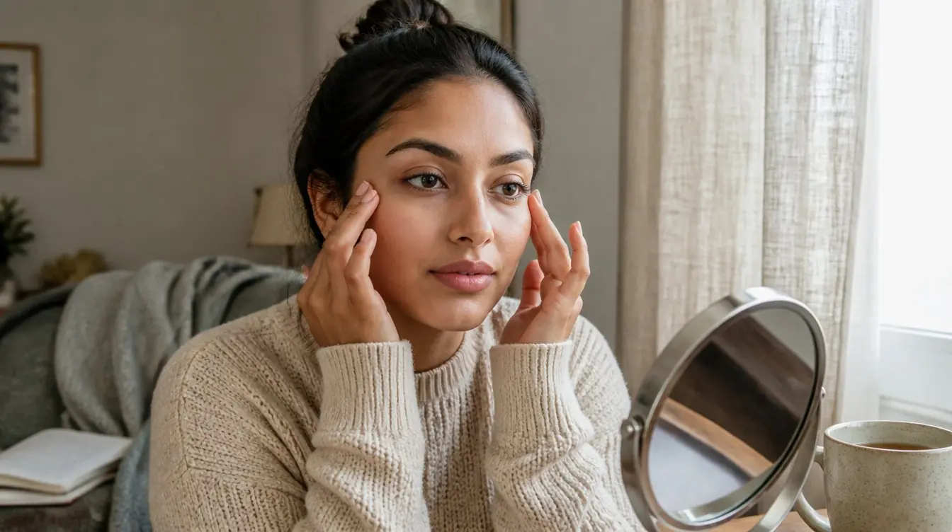 Kaira practicing facial gymnastics with fingertips on her cheekbone by a sunny window, in a cream knit sweater