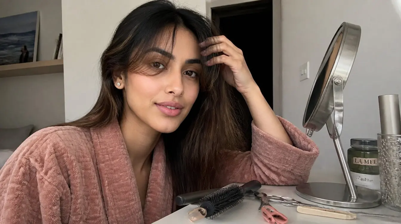 Kaira illustrating fringe haircut trends 2025 in a candid home photograph