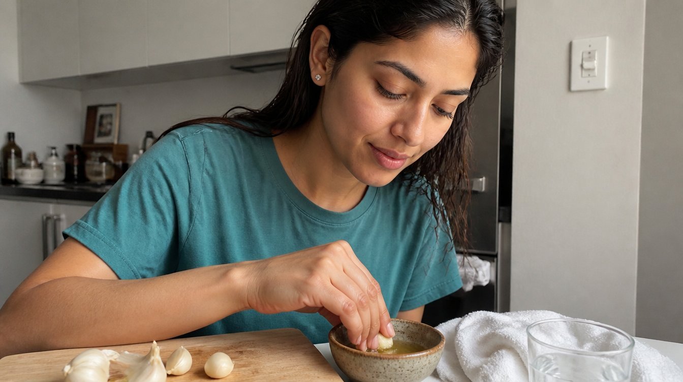 Kaira illustrating Garlic Skincare in a candid home photograph