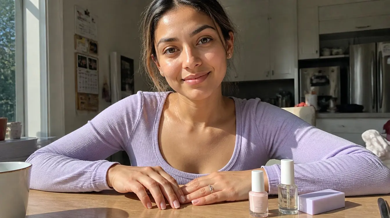 Kaira illustrating glazed donut nails in a candid home photograph