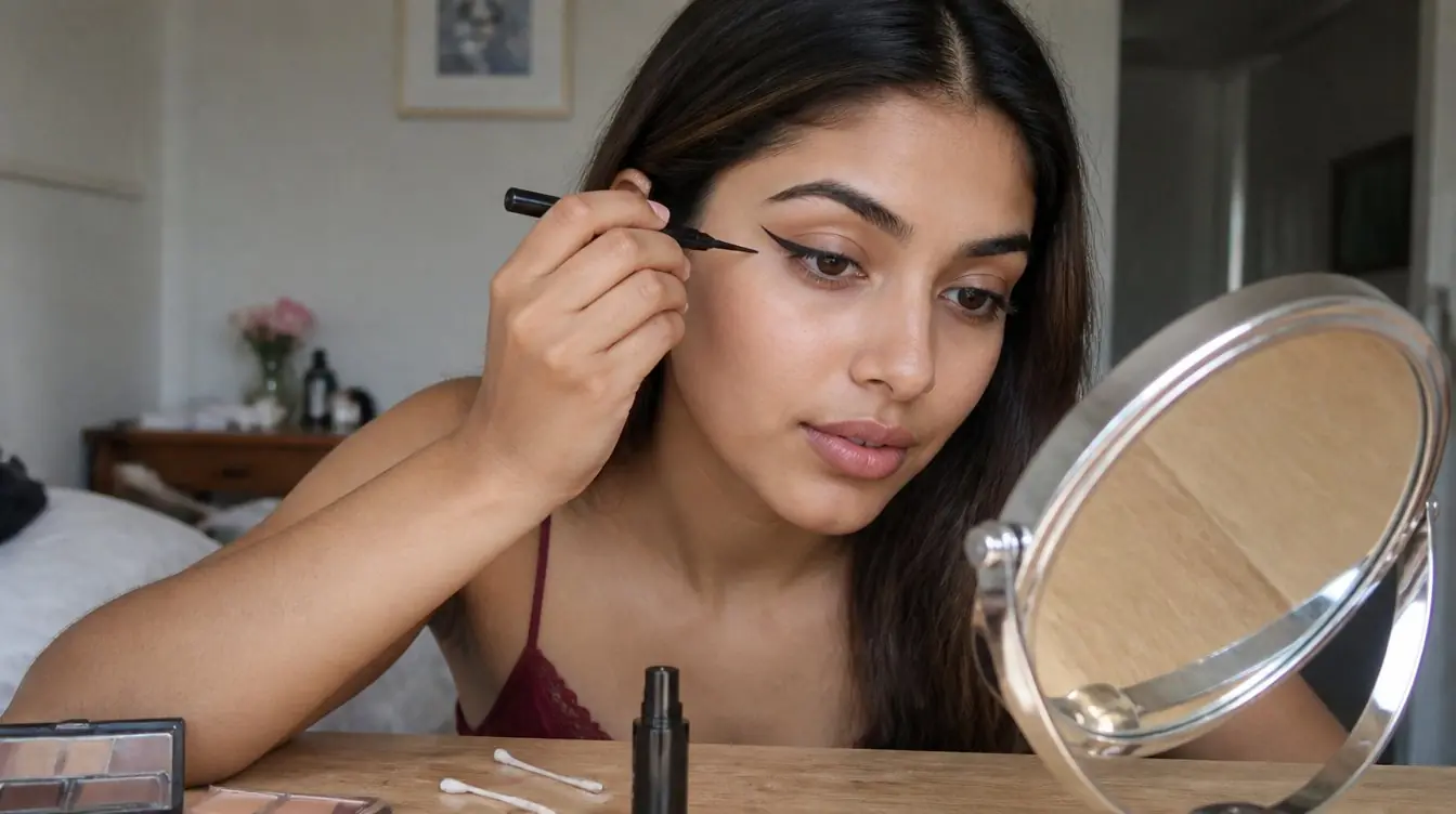Close-up of graphic eyeliner with a double-winged design applied to an almond eye in natural light