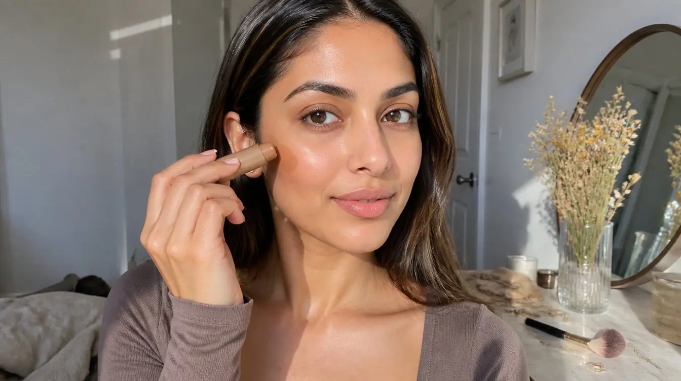 Kaira illustrating guide to bronzing sticks in a candid home photograph