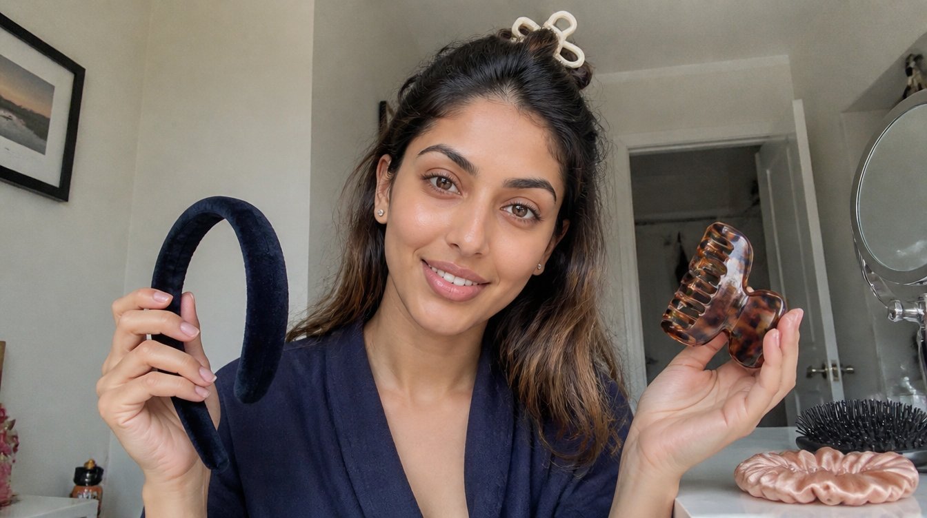 Kaira illustrating hair accessories in a candid home photograph
