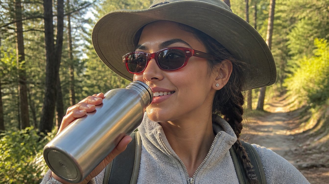 Kaira on a forest hiking trail with hair braided under a wide-brimmed canvas hat, illustrating hair care for the outdoor enthusiast