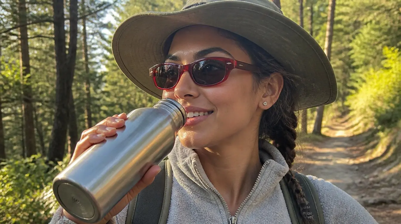 Kaira on a forest hiking trail with hair braided under a wide-brimmed canvas hat, illustrating hair care for the outdoor enthusiast
