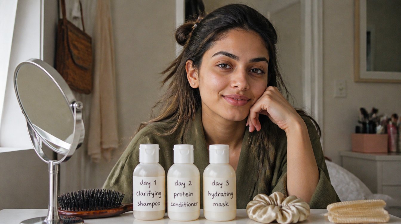 Kaira illustrating hair cycling routine in a candid home photograph