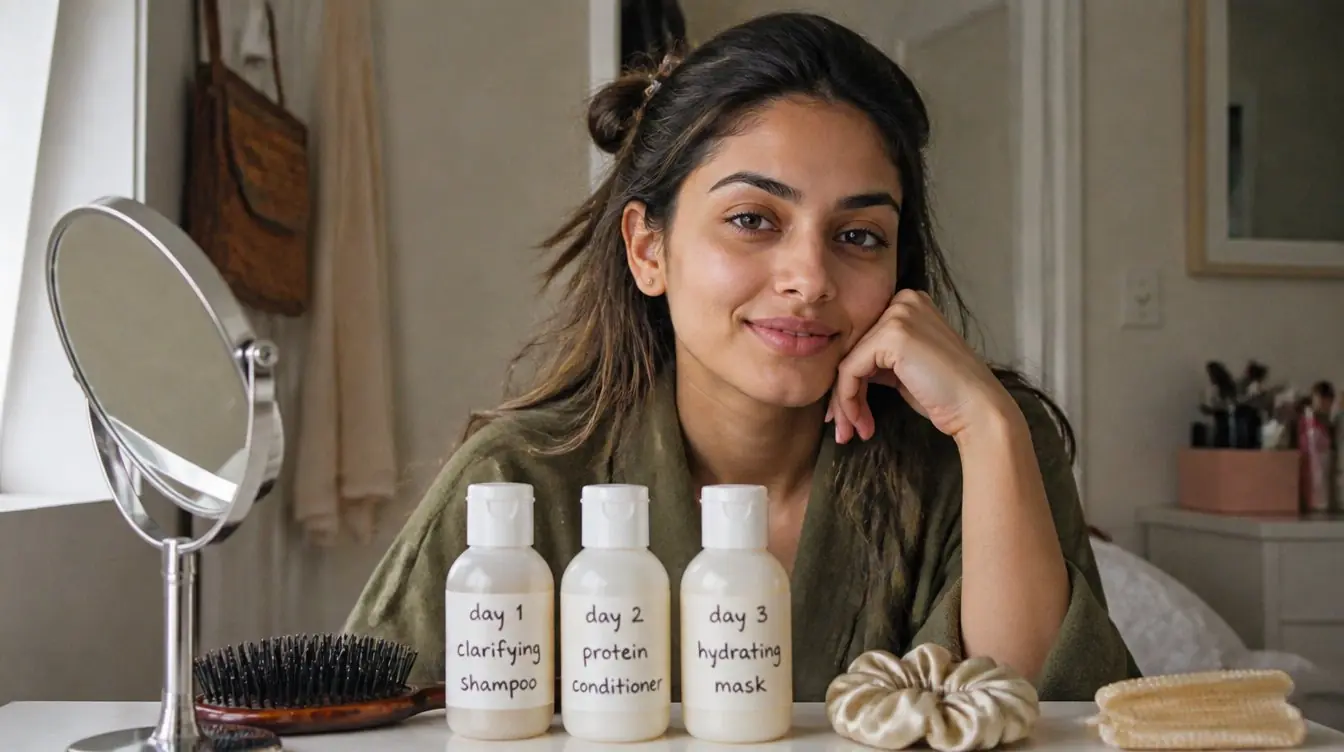Kaira illustrating hair cycling routine in a candid home photograph
