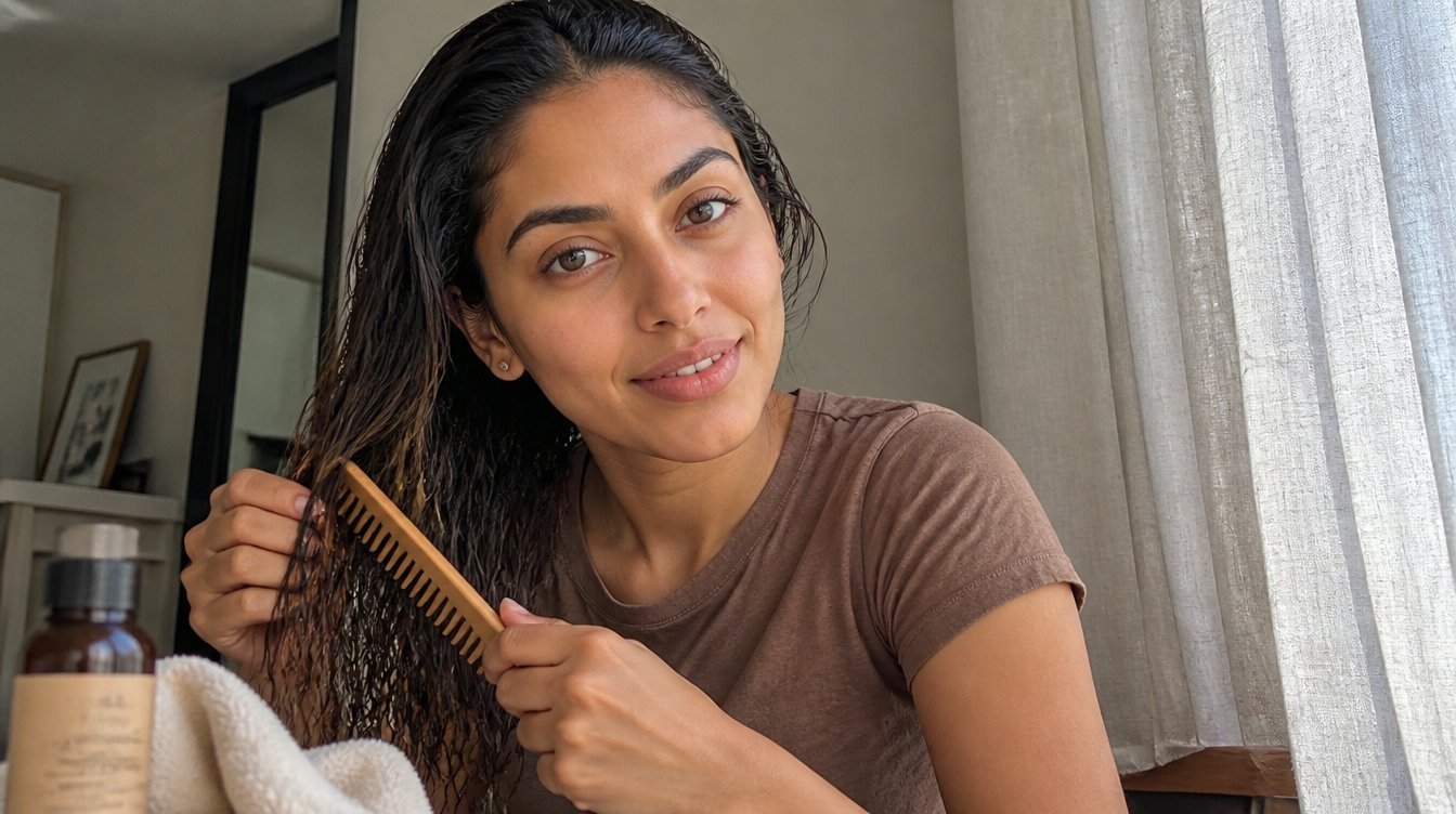 Kaira illustrating Hair Detangling in a candid home photograph