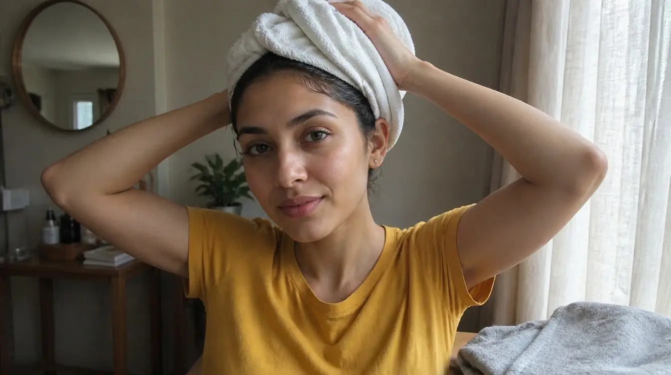Kaira illustrating hair plopping in a candid home photograph