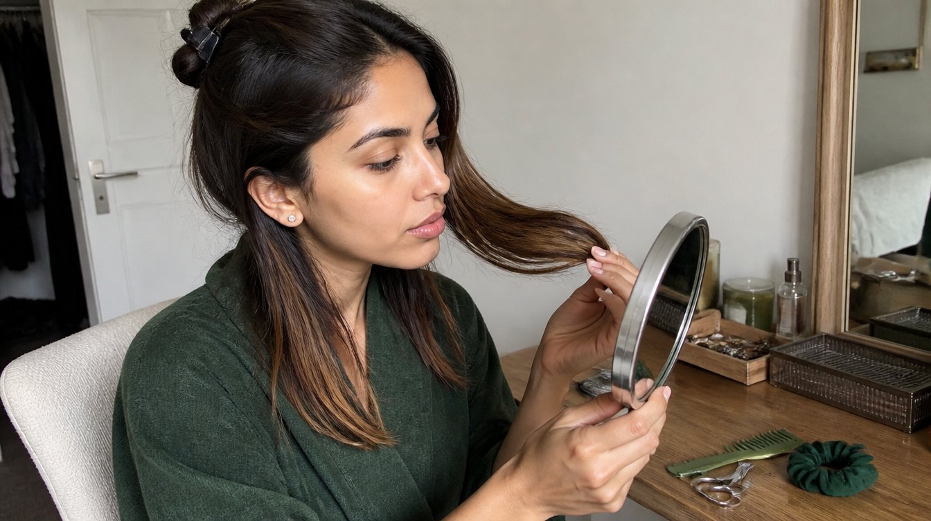 Kaira illustrating hair trims in a candid home photograph