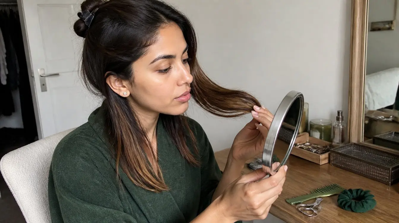 Kaira illustrating hair trims in a candid home photograph