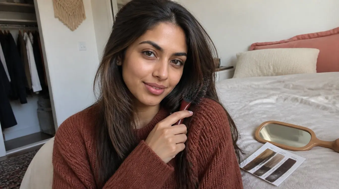 Kaira illustrating hair in a candid home photograph