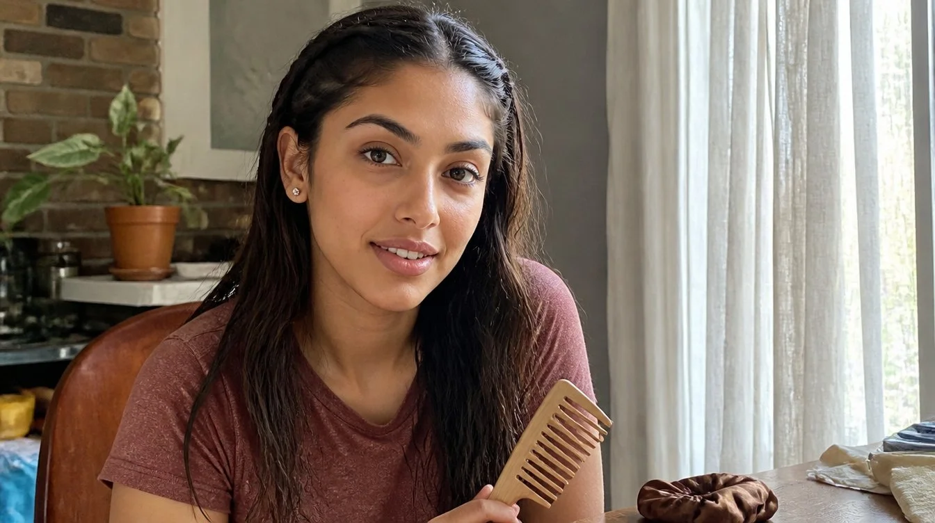 Kaira illustrating hairstyles with braids and loose in a candid home photograph