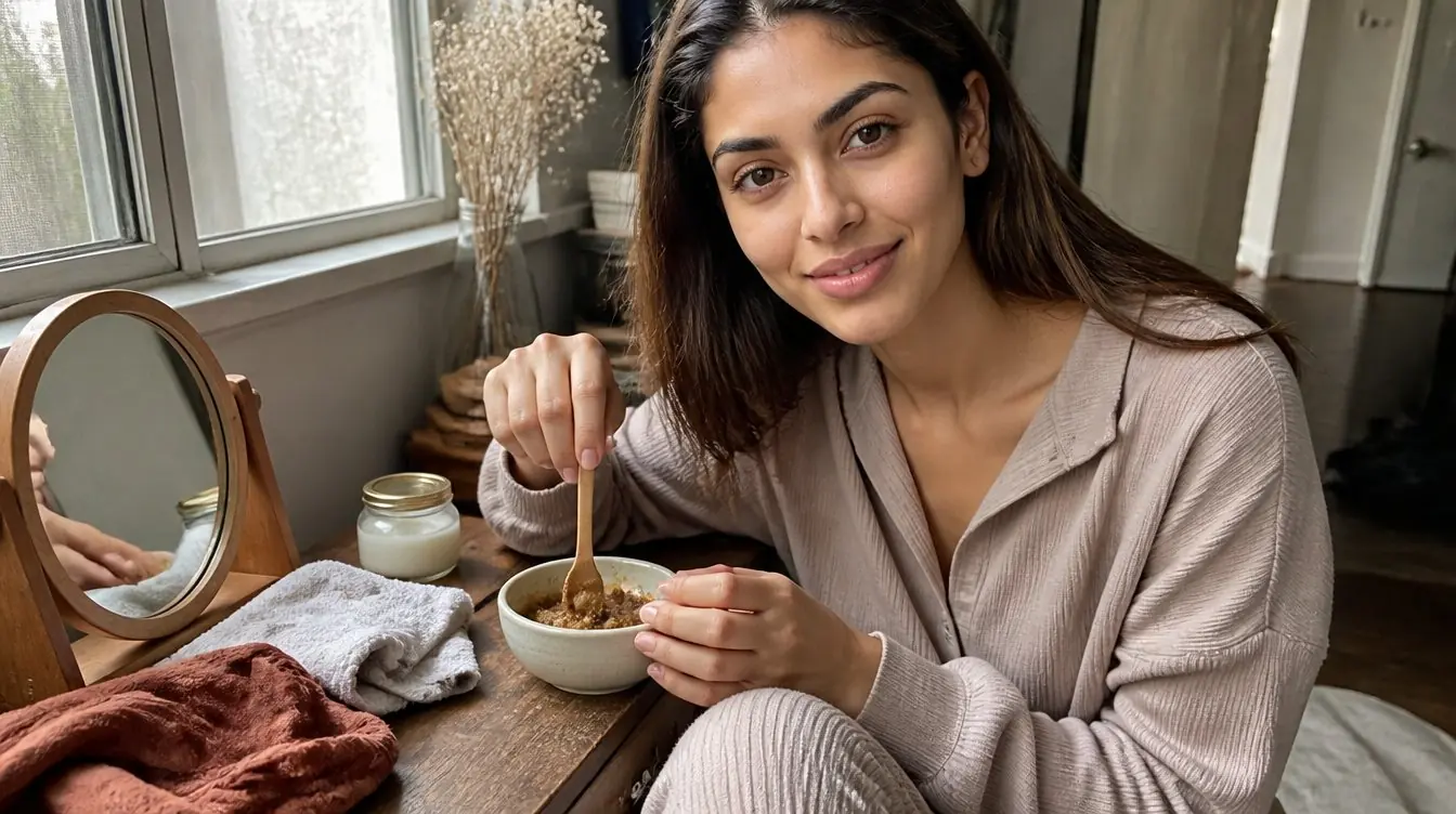 Kaira illustrating homemade lip scrub in a candid home photograph