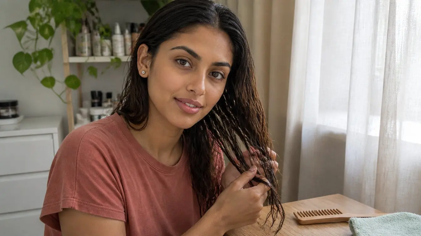 Kaira illustrating how to care for wavy hair in a candid home photograph
