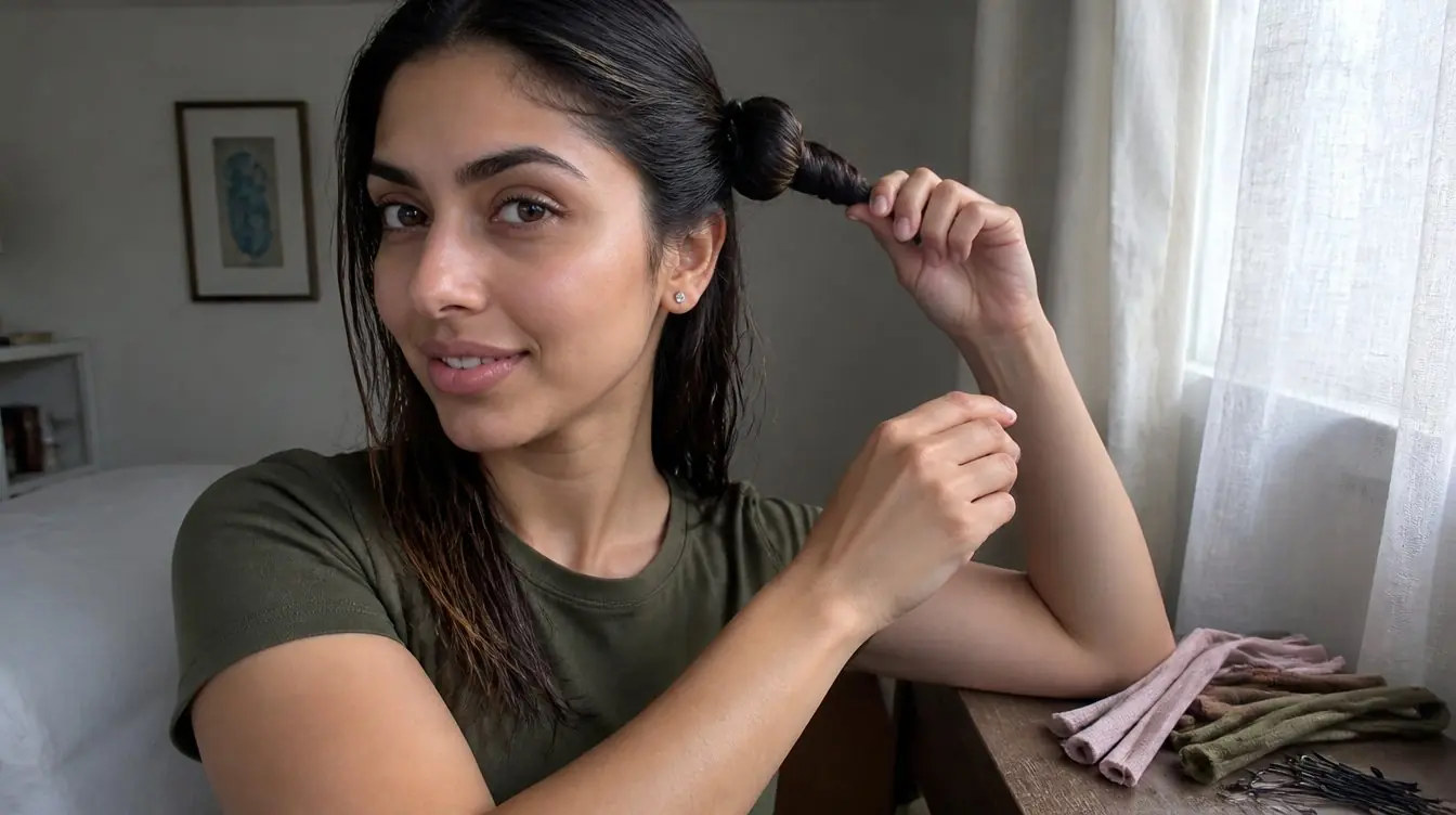 Kaira illustrating how to curl hair without heat in a candid home photograph