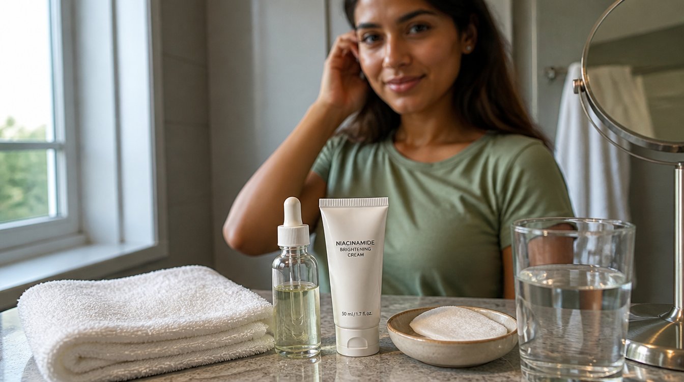 Brightening skincare ritual still life on a bathroom counter, illustrating how to lighten underarm skin