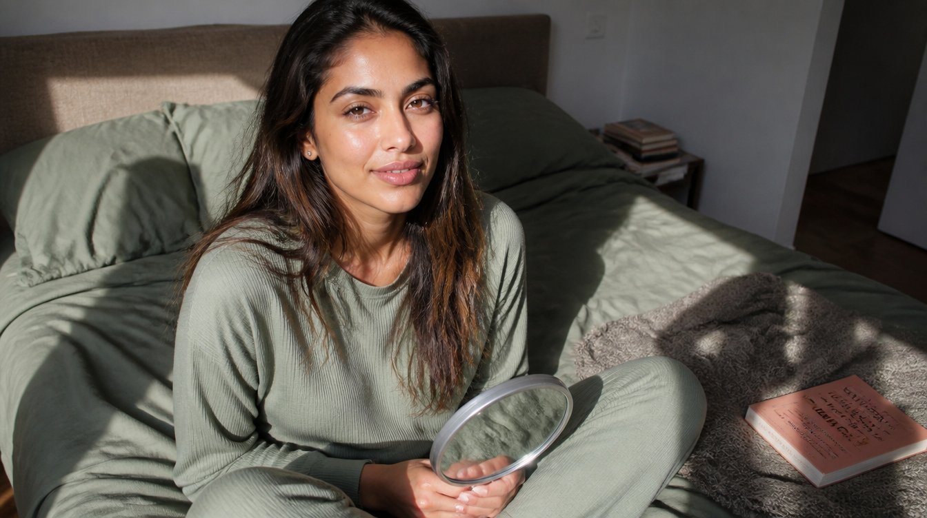 Kaira illustrating how to reduce wrinkles fast in a candid home photograph