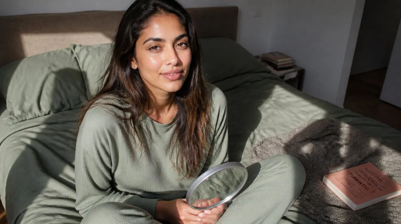 Kaira illustrating how to reduce wrinkles fast in a candid home photograph