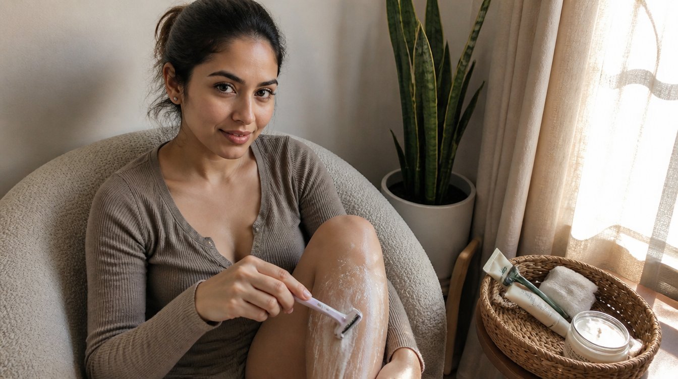 Kaira illustrating how to shave your legs at home in a candid home photograph