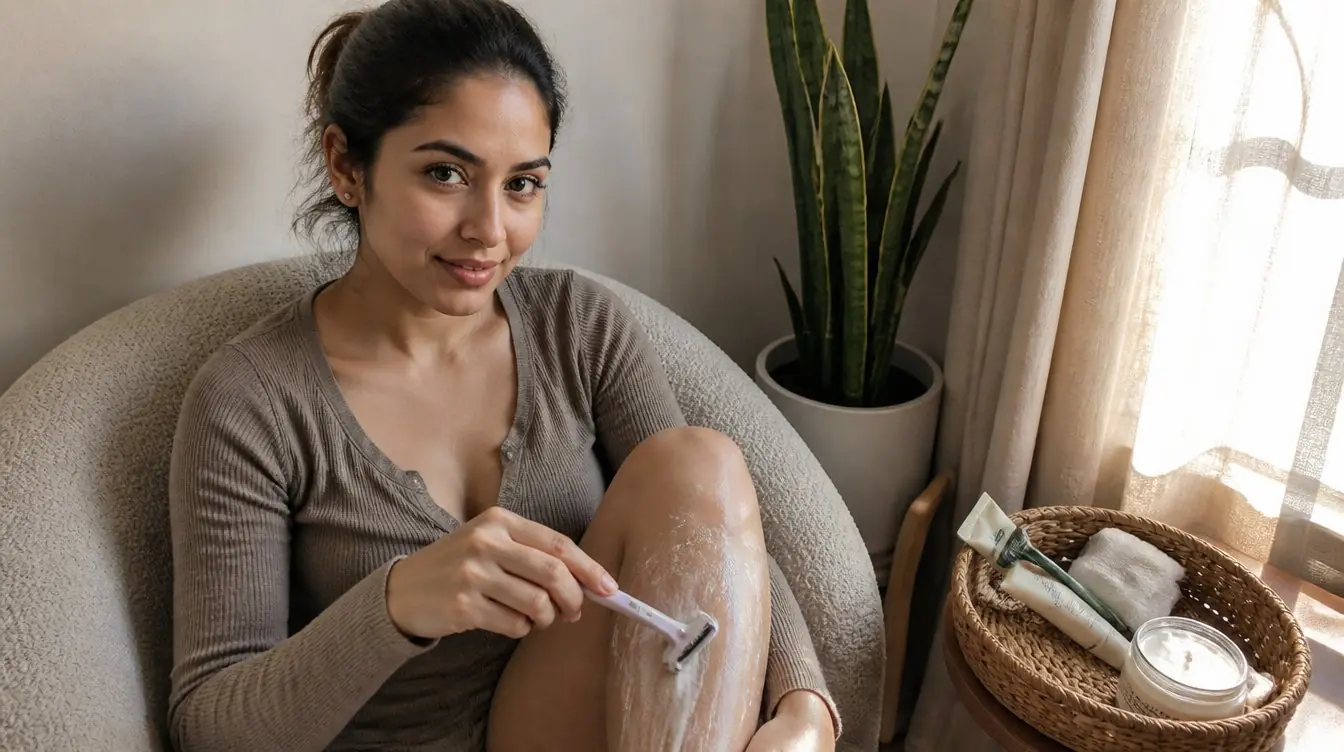 Kaira illustrating how to shave your legs at home in a candid home photograph