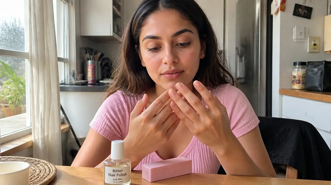 Kaira illustrating how to stop biting nails in a candid home photograph
