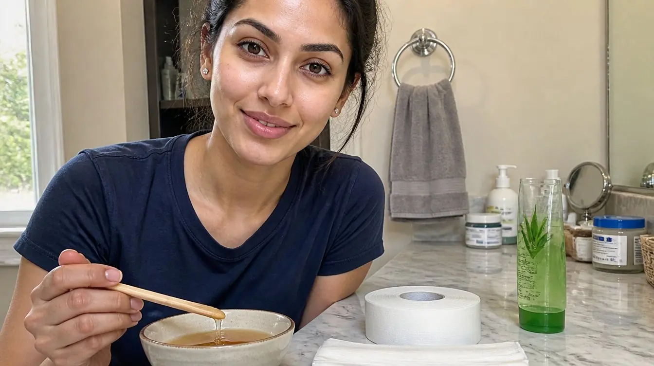 Kaira illustrating how to wax your groin in a candid home photograph