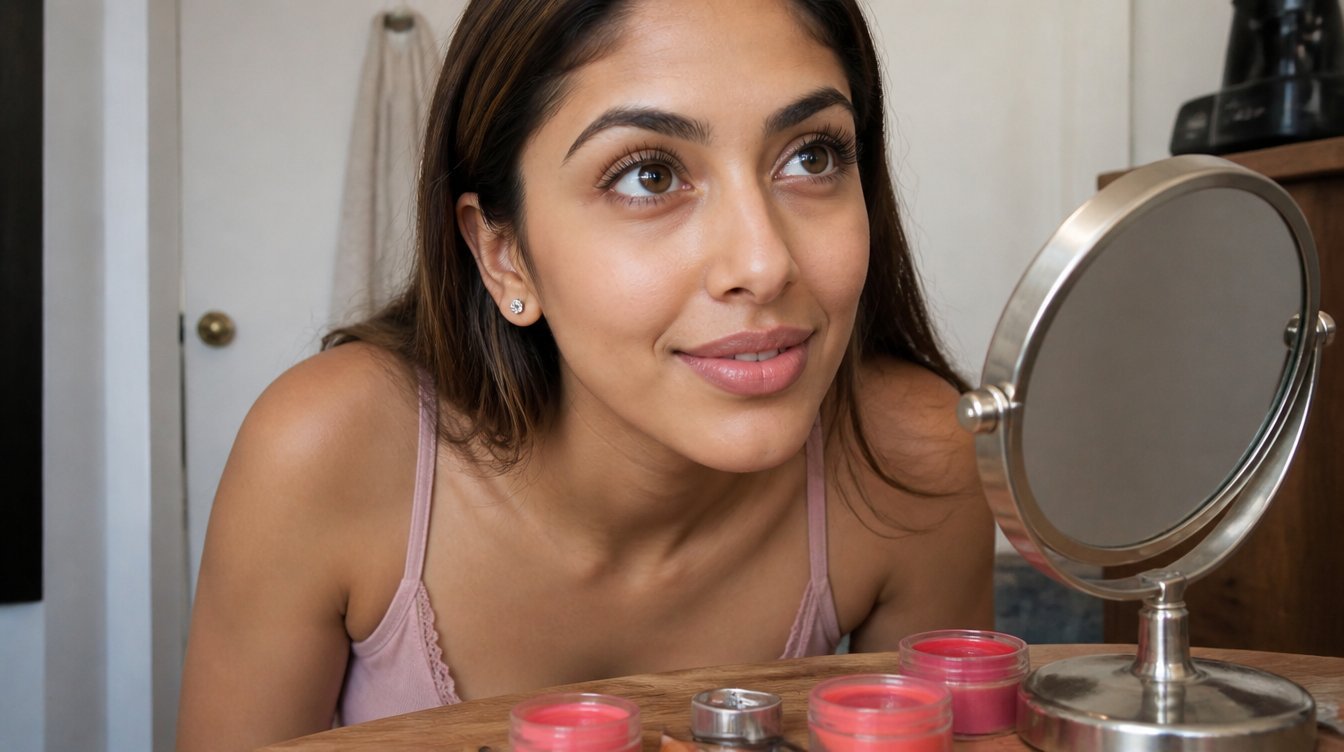 Kaira illustrating lash lift in a candid home photograph