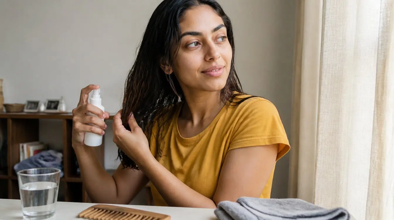 Bottle of leave in conditioner being applied to damp hair at a sunlit bathroom counter
