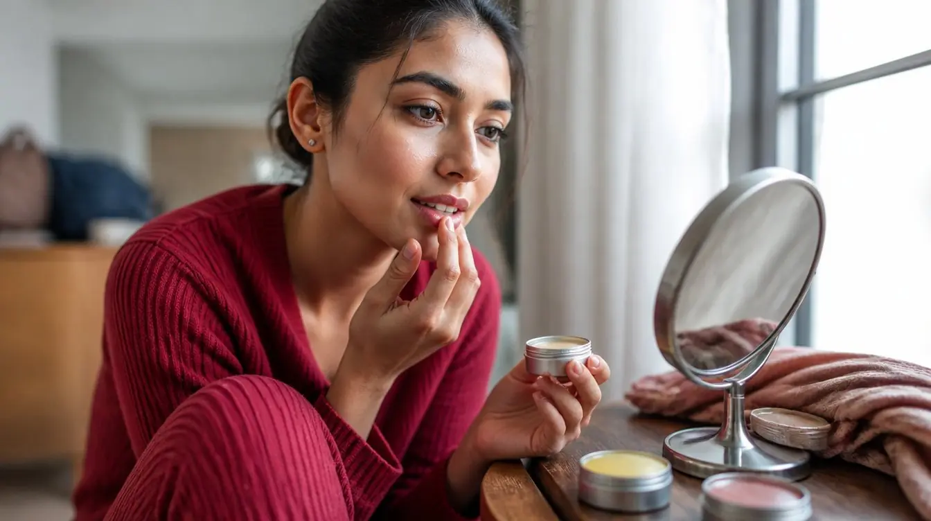 Kaira illustrating lip care ages in a candid home photograph