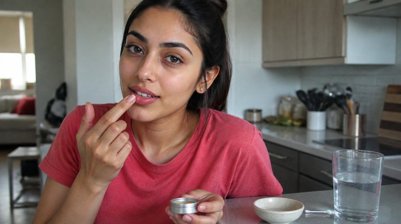 Kaira illustrating lip skin barrier in a candid home photograph