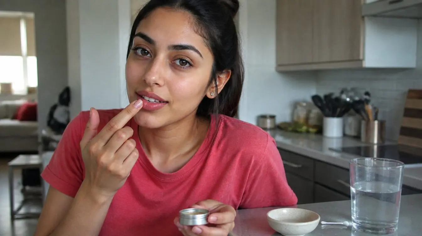 Kaira illustrating lip skin barrier in a candid home photograph